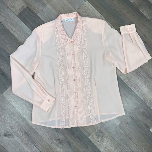 Kathy Che Vintage Sheer Lace Pleats Detail Blouse Peach Pink 12 - Picture 11 of 11